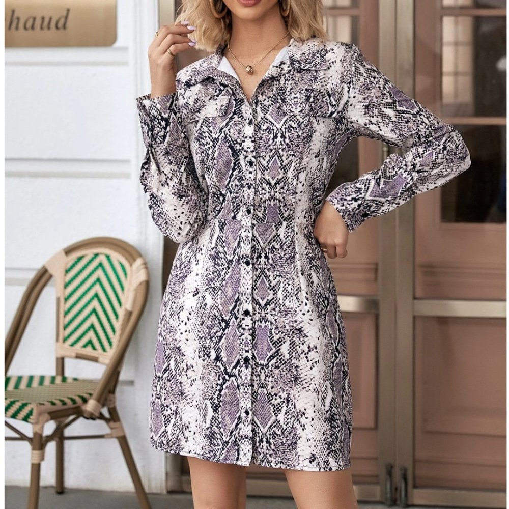 LAST ONE 🔥 Snakeskin Print Button Front Shirt Dress